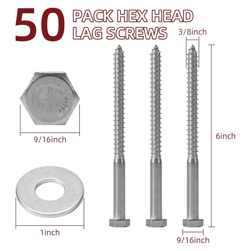 AiVeUao 50 Pack 304 Stainless Steel Wood Lag Screw, 3/8" x 6" Hex Head Lag Bolts, Heavy Duty Hex Head Lag Screws, Wood Screws 18-8 - Image 2